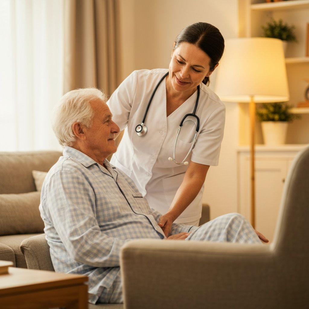 Pflegekraft unterstützt Seniorin liebevoll zu Hause